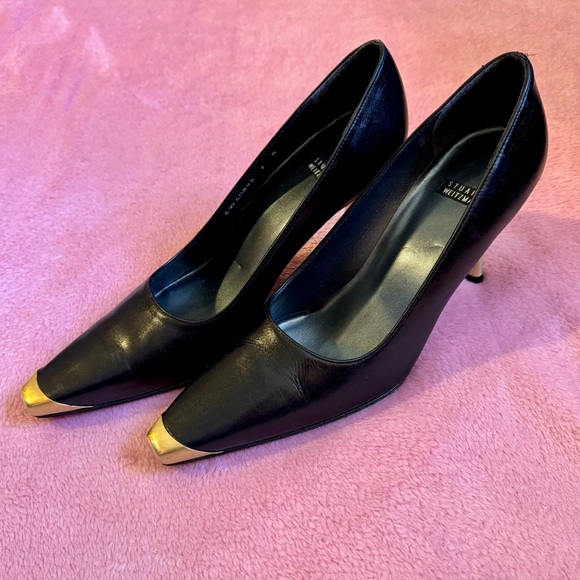 Stuart Weitzman Shoes - Stuart Weitzman Vintage 90s Black Leather Kitten Heels Gold Toe Size 7 Narrow